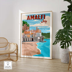 Amalfi Coast Italy vintage poster print showcasing colorful coastal scenery and charming architecture.