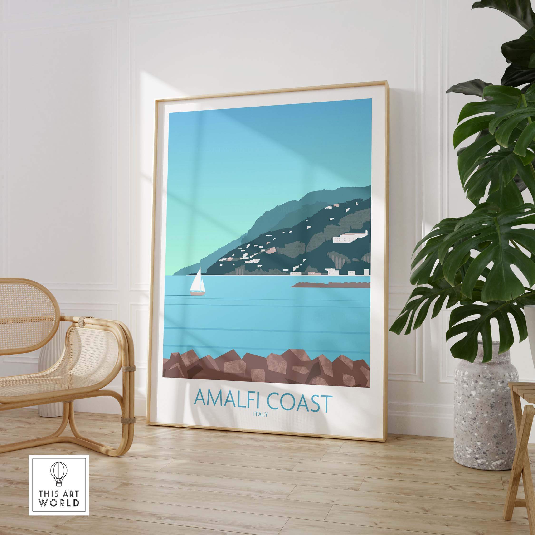 Amalfi Coast Print framed artwork in a stylish room with a chair and greenery, perfect for home decor.