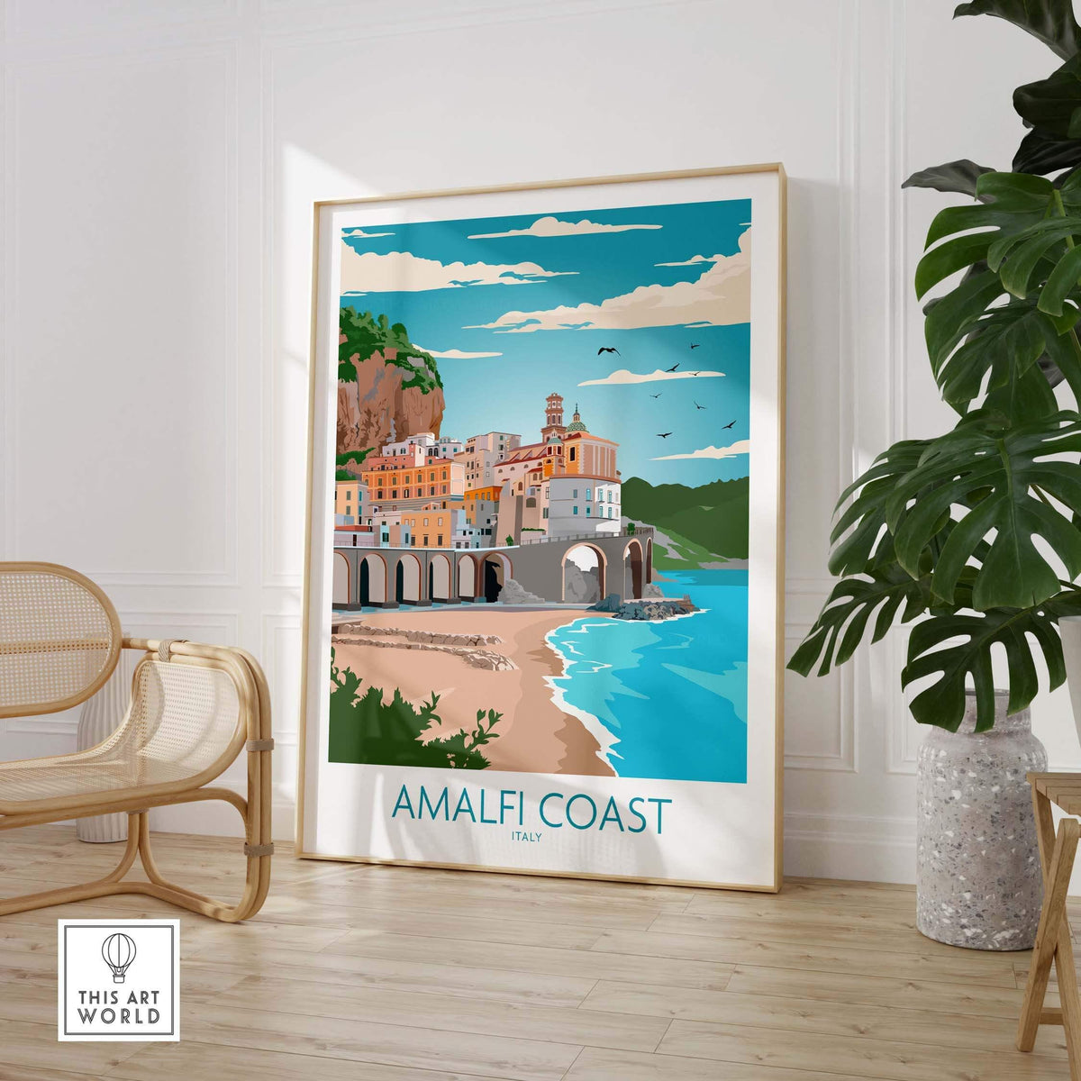 Amalfi Coast poster showcasing vibrant coastal scenery and vintage travel art design, perfect for home or office decor.