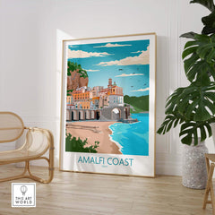 Amalfi Coast poster showcasing vibrant coastal scenery and vintage travel art design, perfect for home or office decor.