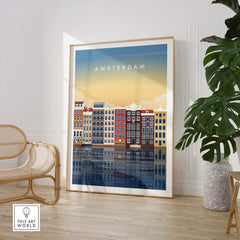Amsterdam wall art poster print featuring colorful canal houses and sunset reflections in stylish interior.