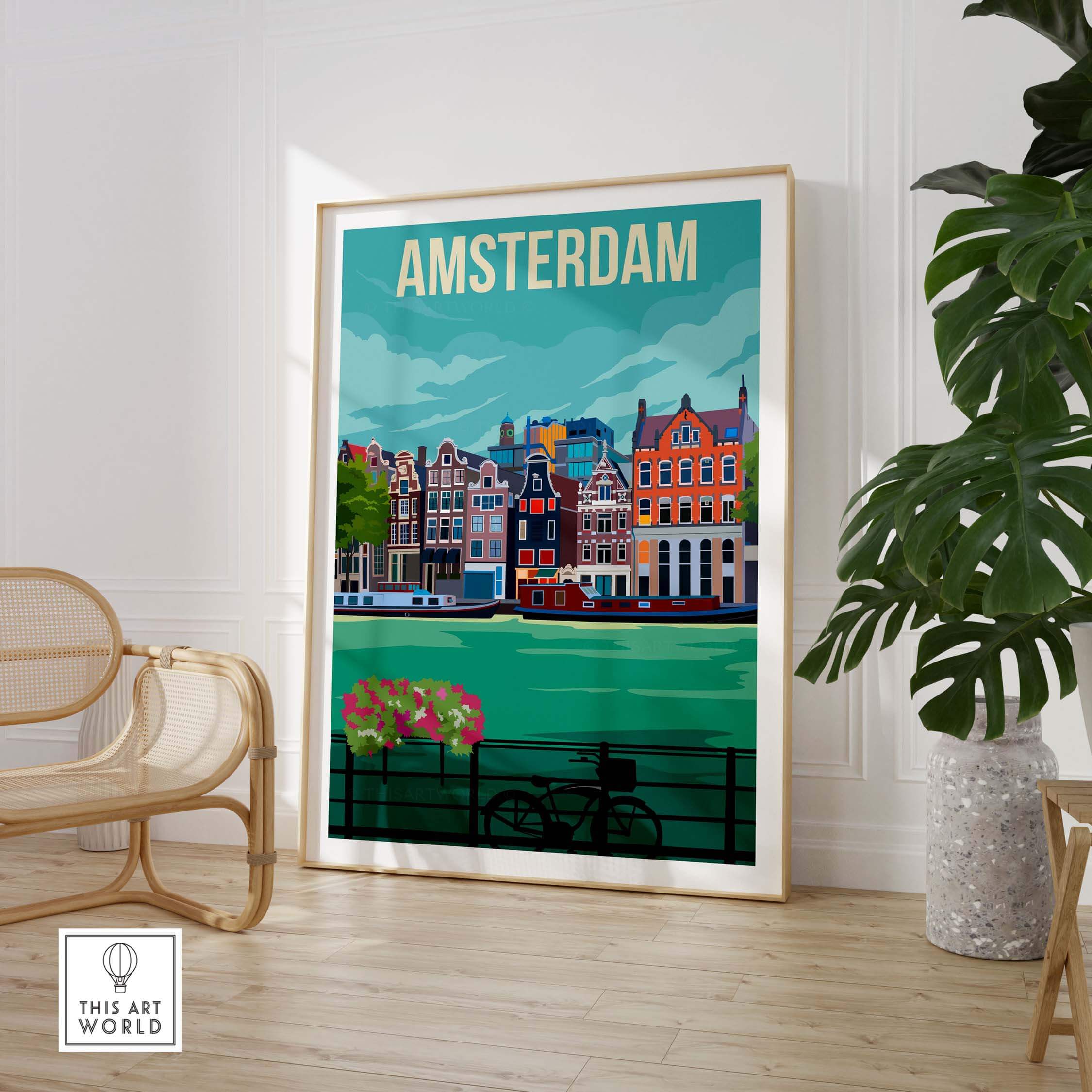 Colorful Amsterdam vintage print poster featuring Dutch canal houses and a bicycle by the water.