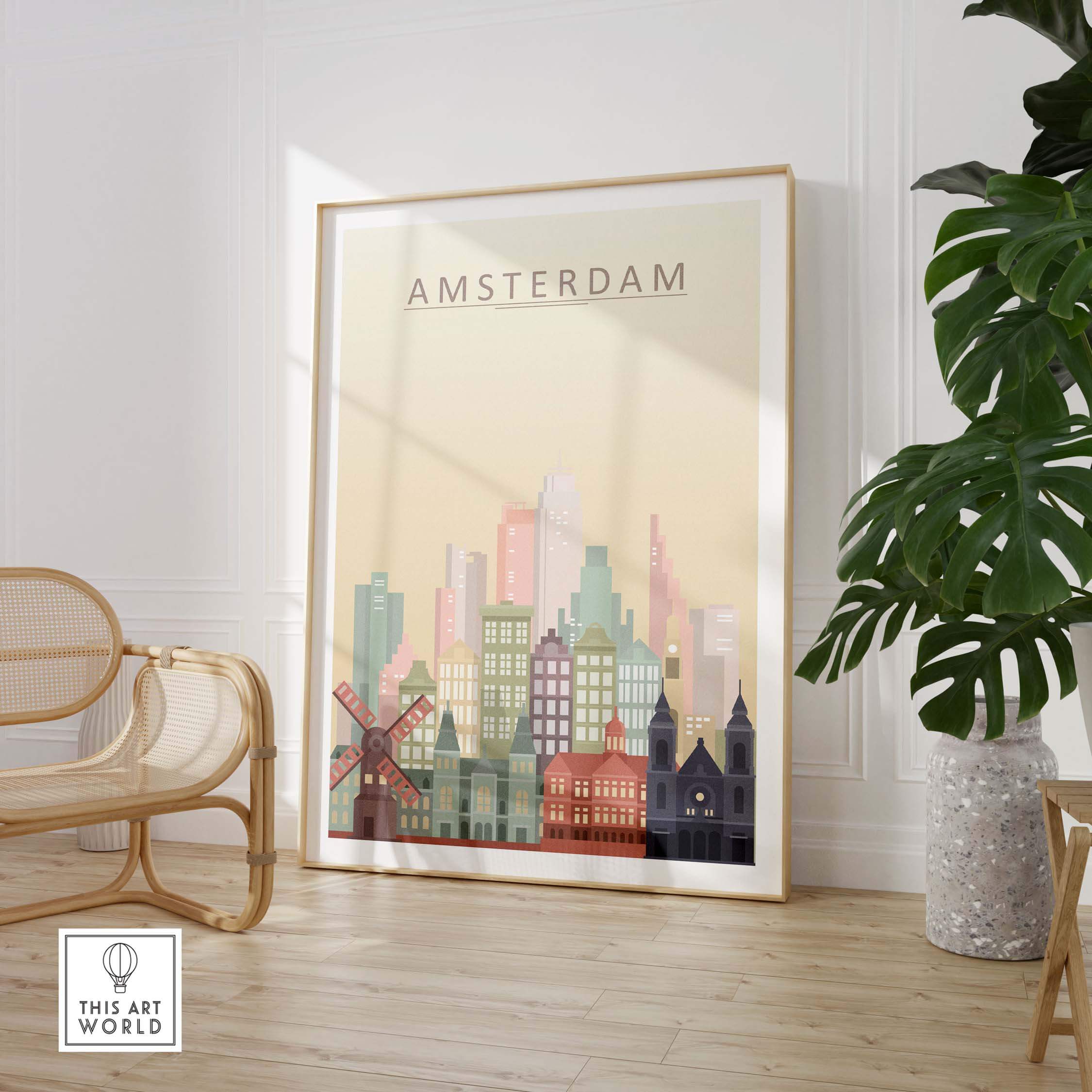 Amsterdam skyline print featuring canal houses, windmills, and pastel tones in stylish wall decor.