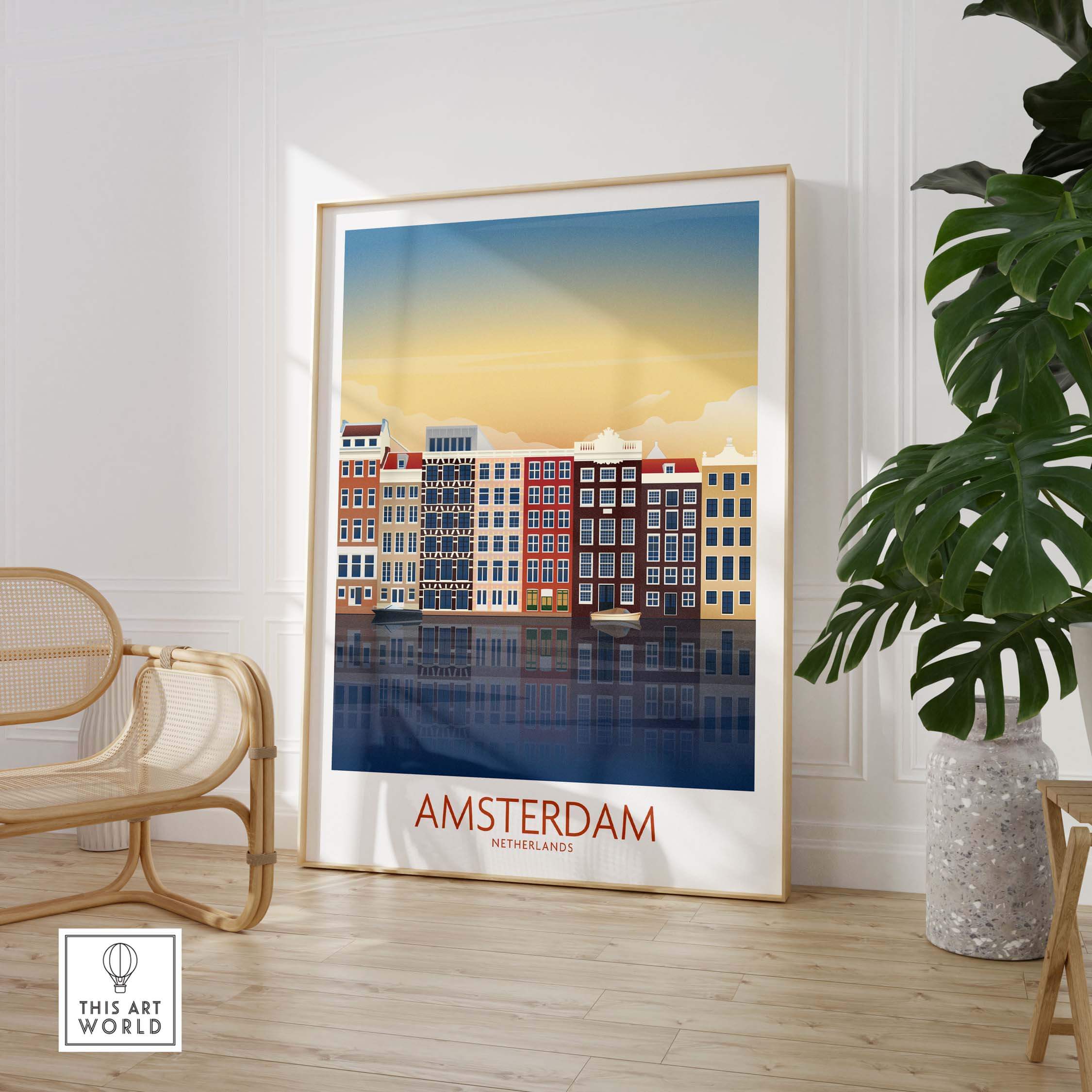 Amsterdam Wall Art Print showcasing colorful canal houses, beautifully framed in a stylish interior.