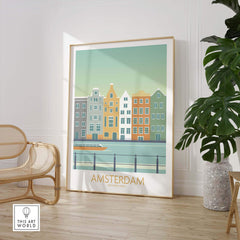 Amsterdam Print showcasing vintage-inspired travel art in a stylish interior setting with greenery.