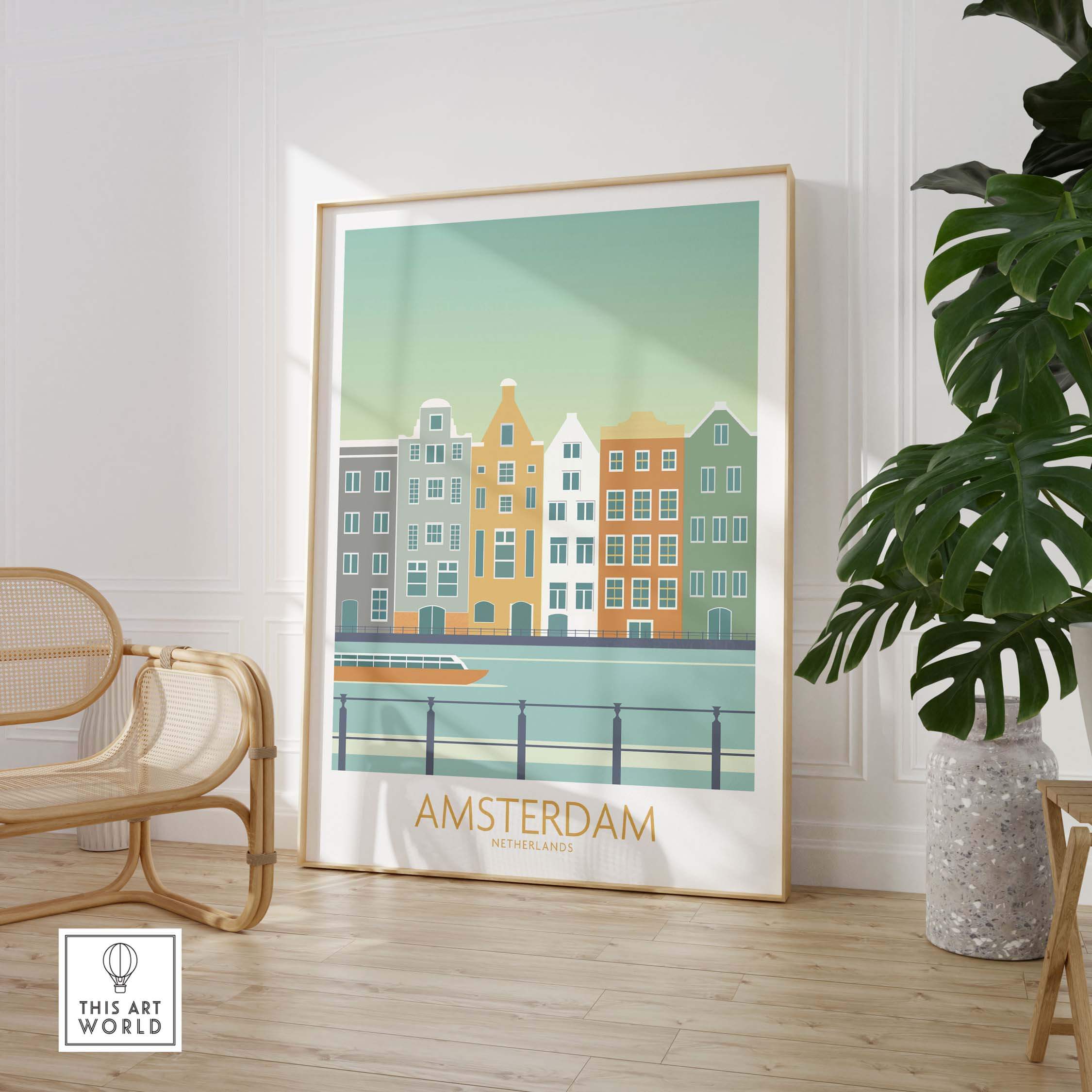 Amsterdam Print showcasing vintage-inspired travel art in a stylish interior setting with greenery.