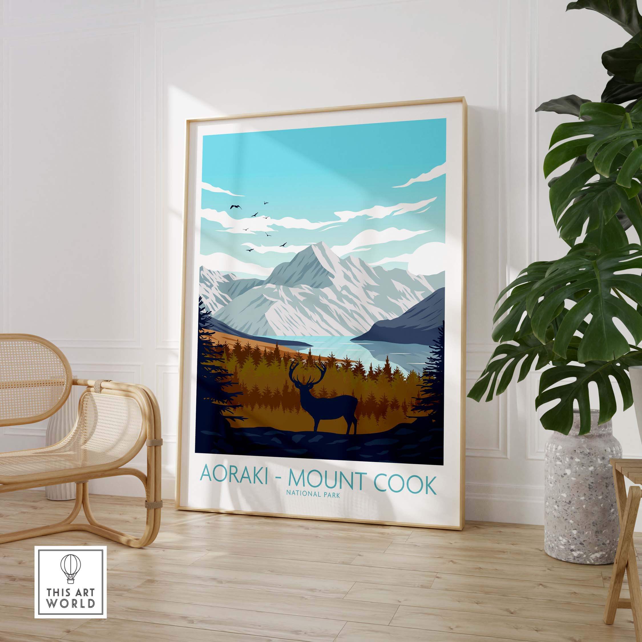 Mount Cook Aoraki poster featuring a scenic view of mountains and a deer in a stylish interior setting.