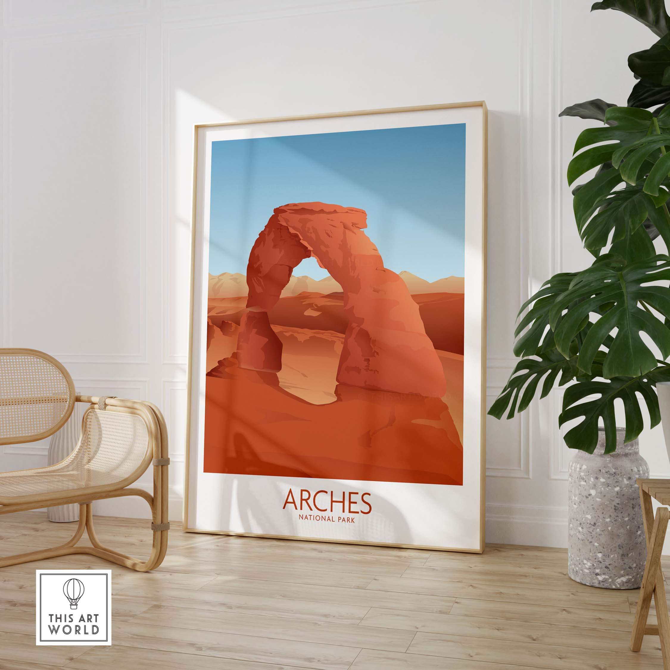 Arches National Park art print in a stylish frame, showcasing the iconic Arch formation in a minimalist design.