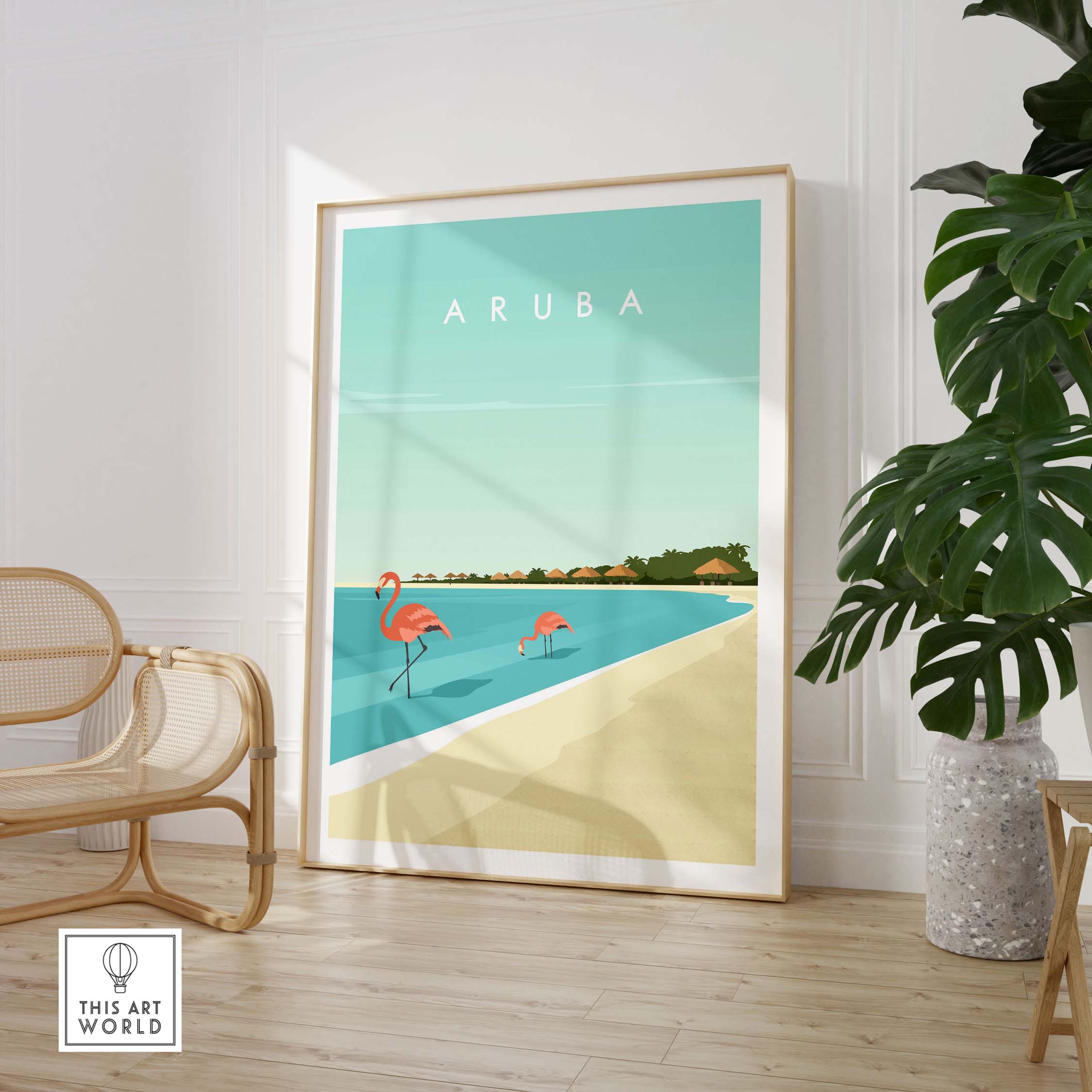 Aruba Wall Art Print featuring pink flamingos by a serene ocean, perfect for travel-inspired home decor.