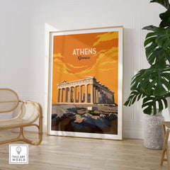 Athens print Greece poster featuring the Parthenon in warm colors, perfect for travel art lovers.