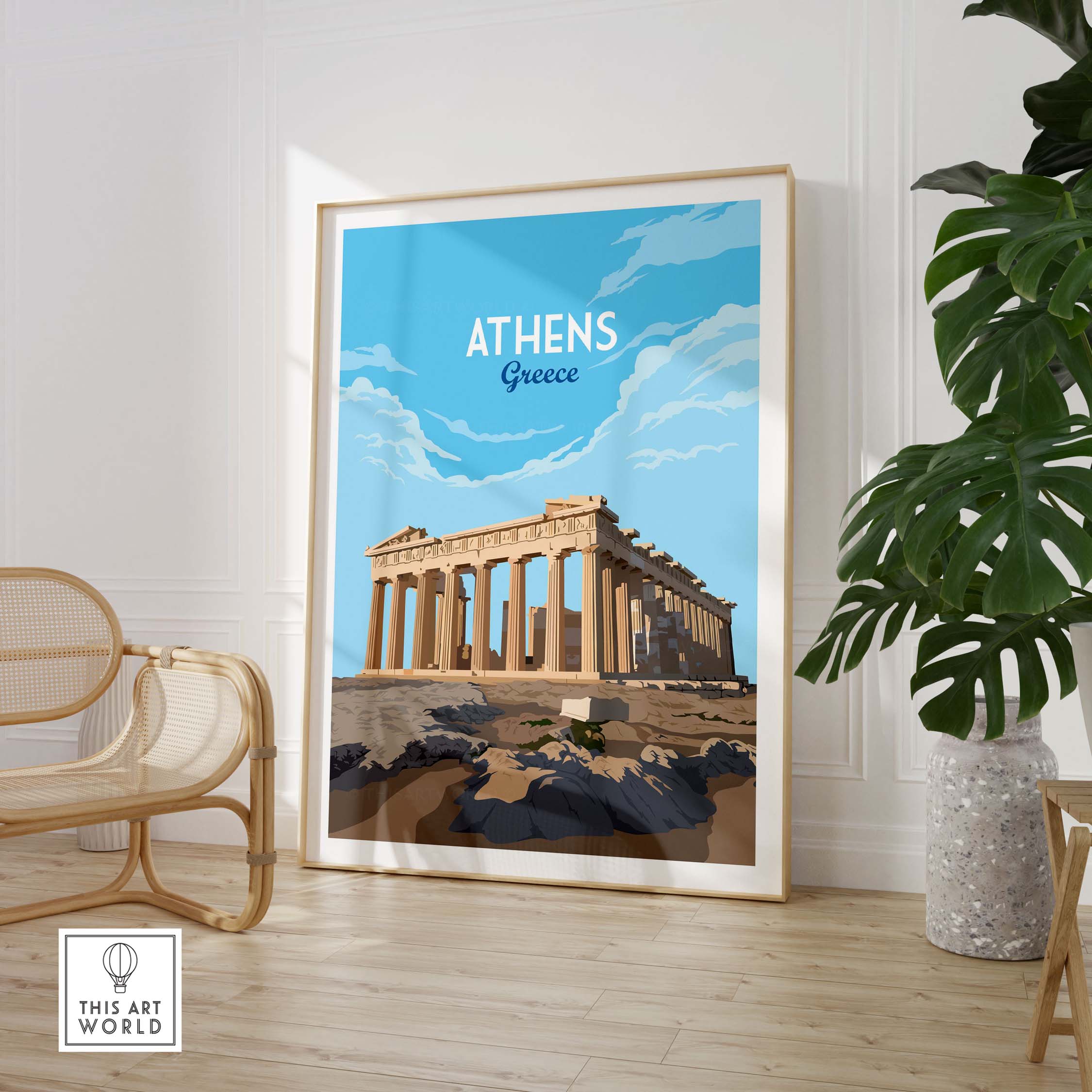 Athens Greece art print featuring the Parthenon in a minimalist style, framed in a stylish setting with plants.