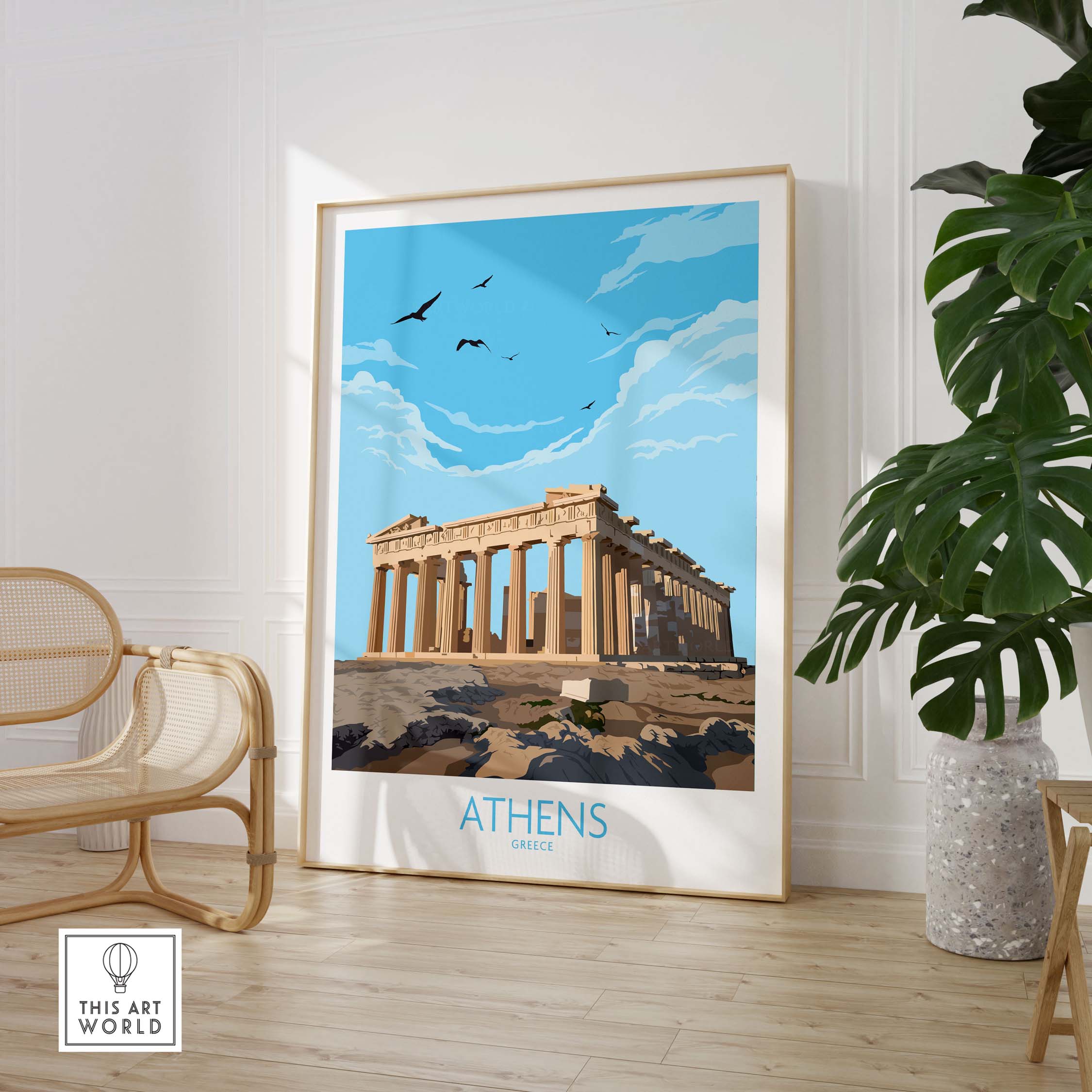 Athens Greece wall art poster featuring the iconic Parthenon with blue skies and birds, minimalist travel decor.