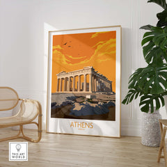 Athens travel poster featuring the Parthenon against an orange sunset, perfect for home or office decor.