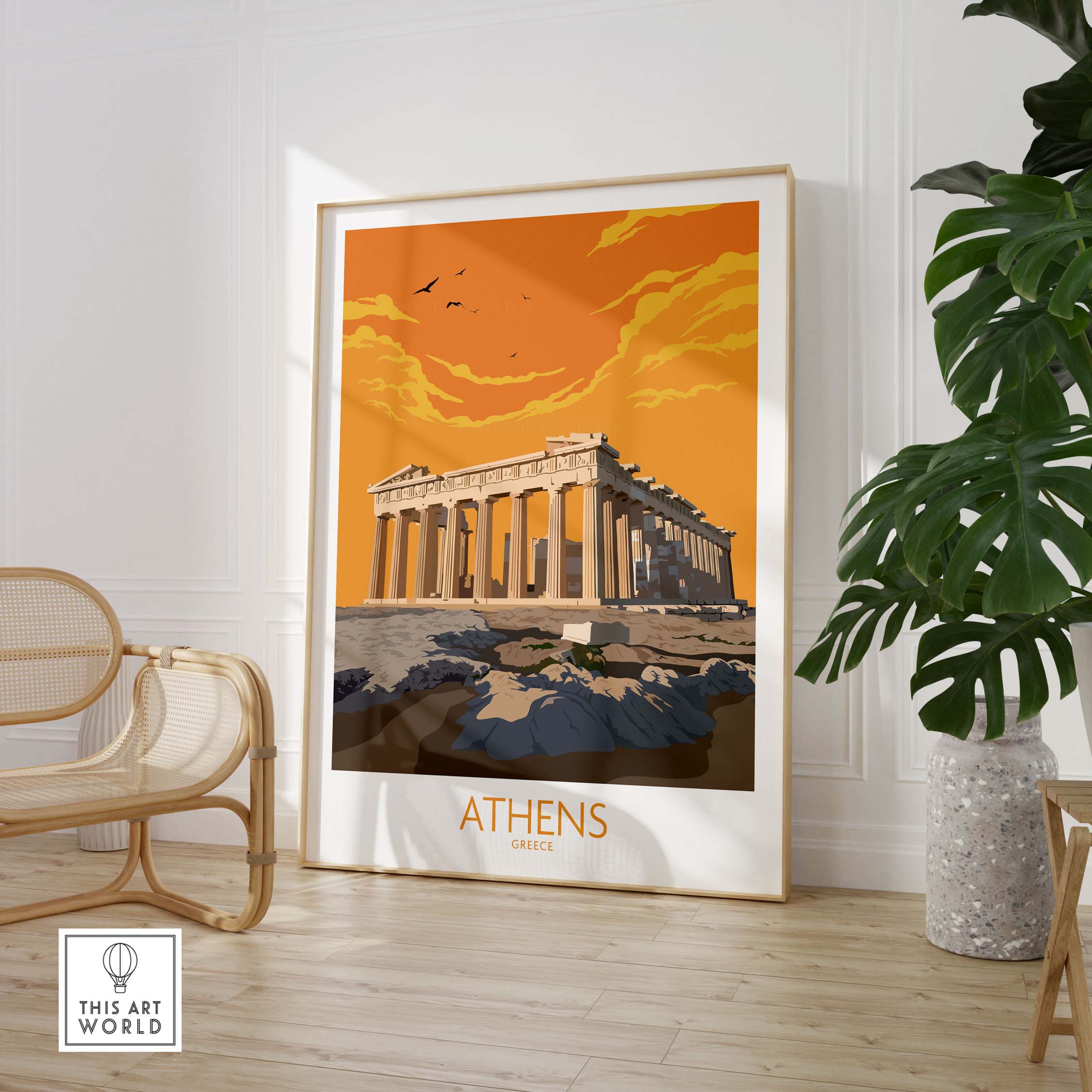Athens travel poster featuring the Parthenon against an orange sunset, perfect for home or office decor.