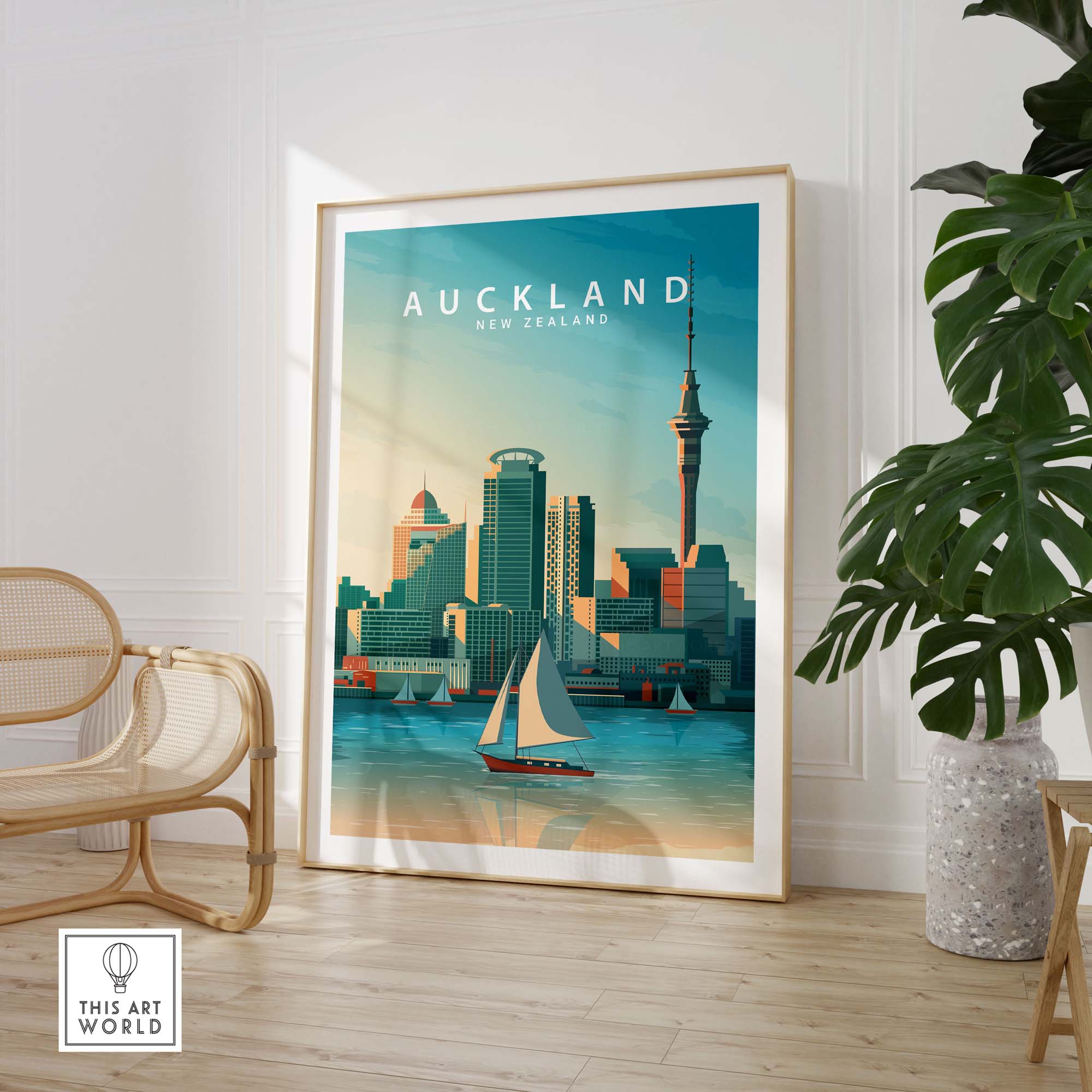 Auckland travel poster print showcasing the skyline and boat, designed in a vintage minimalist style.