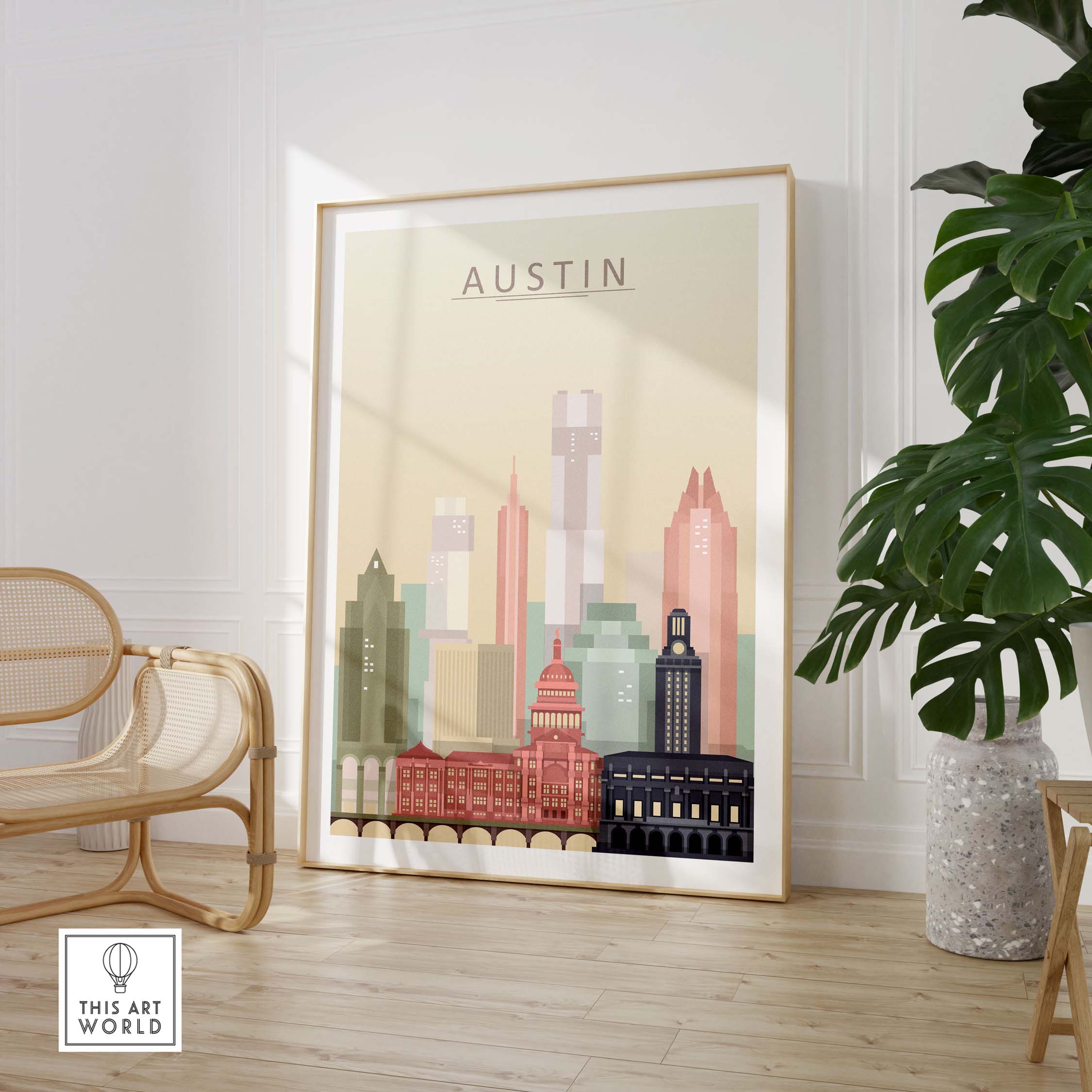 Austin Texas skyline wall art print in pastel tones framed in a modern living space with plants.