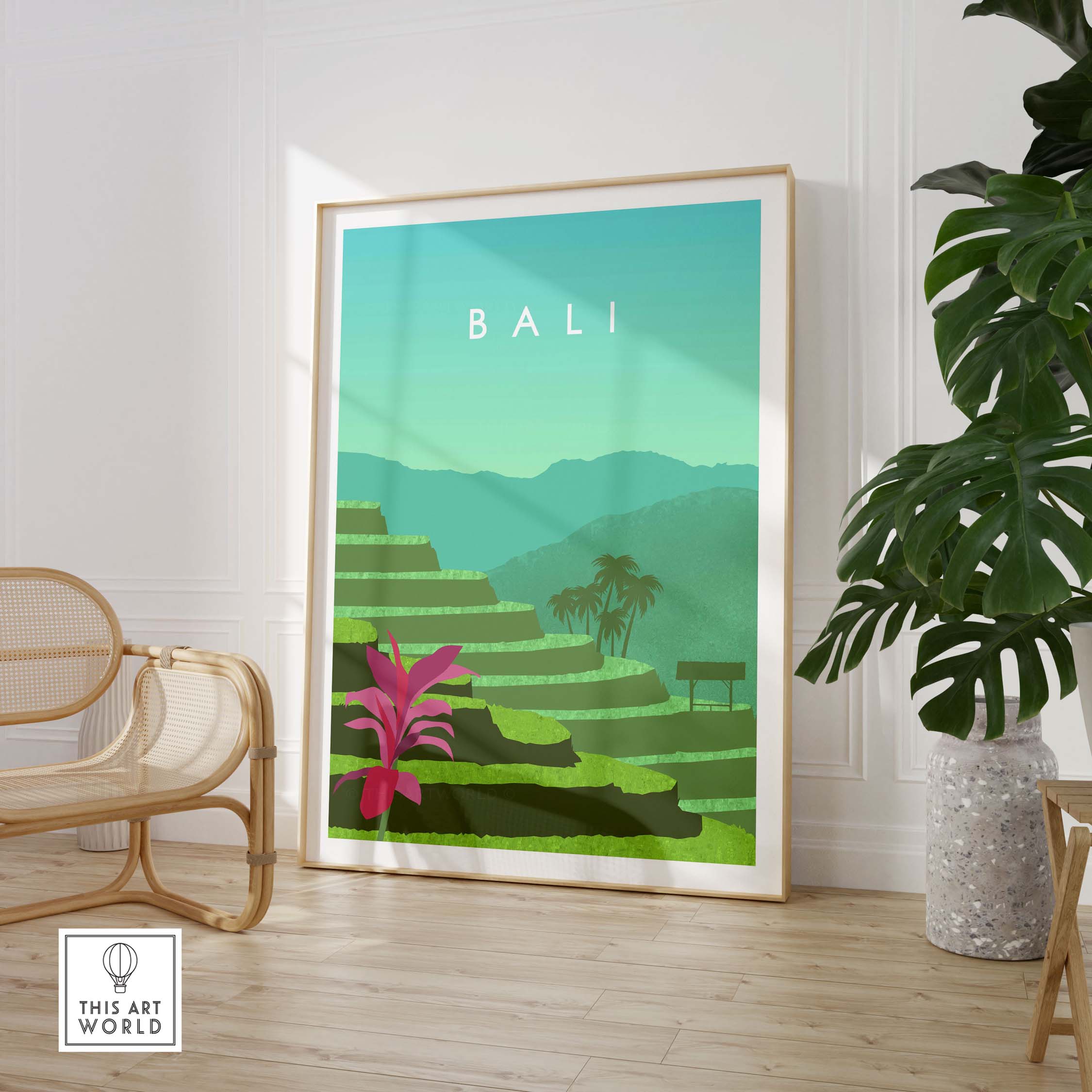 Bali Print Wall Art Poster featuring tropical landscapes and bright foliage in stylish home decor.