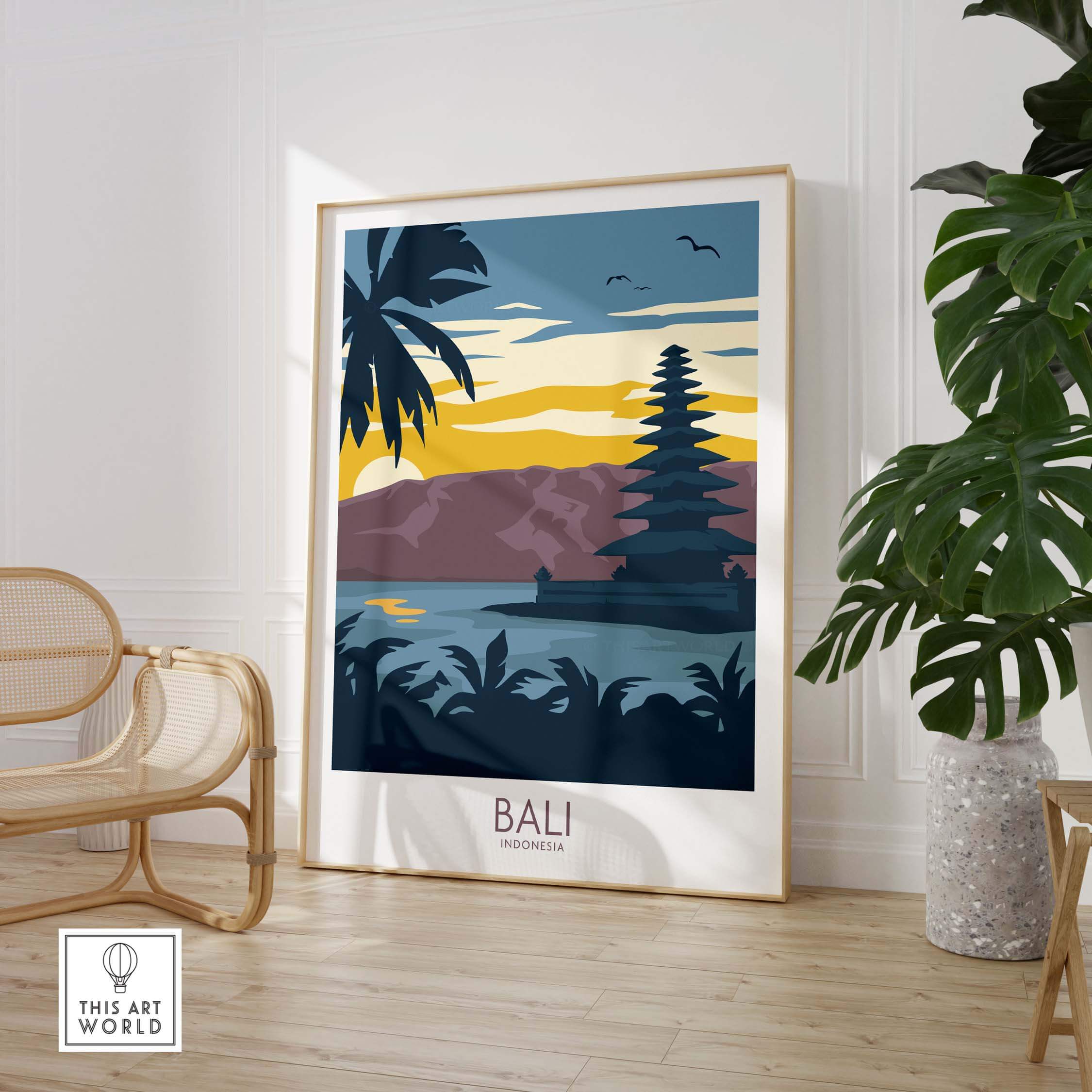Bali travel poster featuring a serene landscape with palm trees and a temple, ideal for home or office decor.