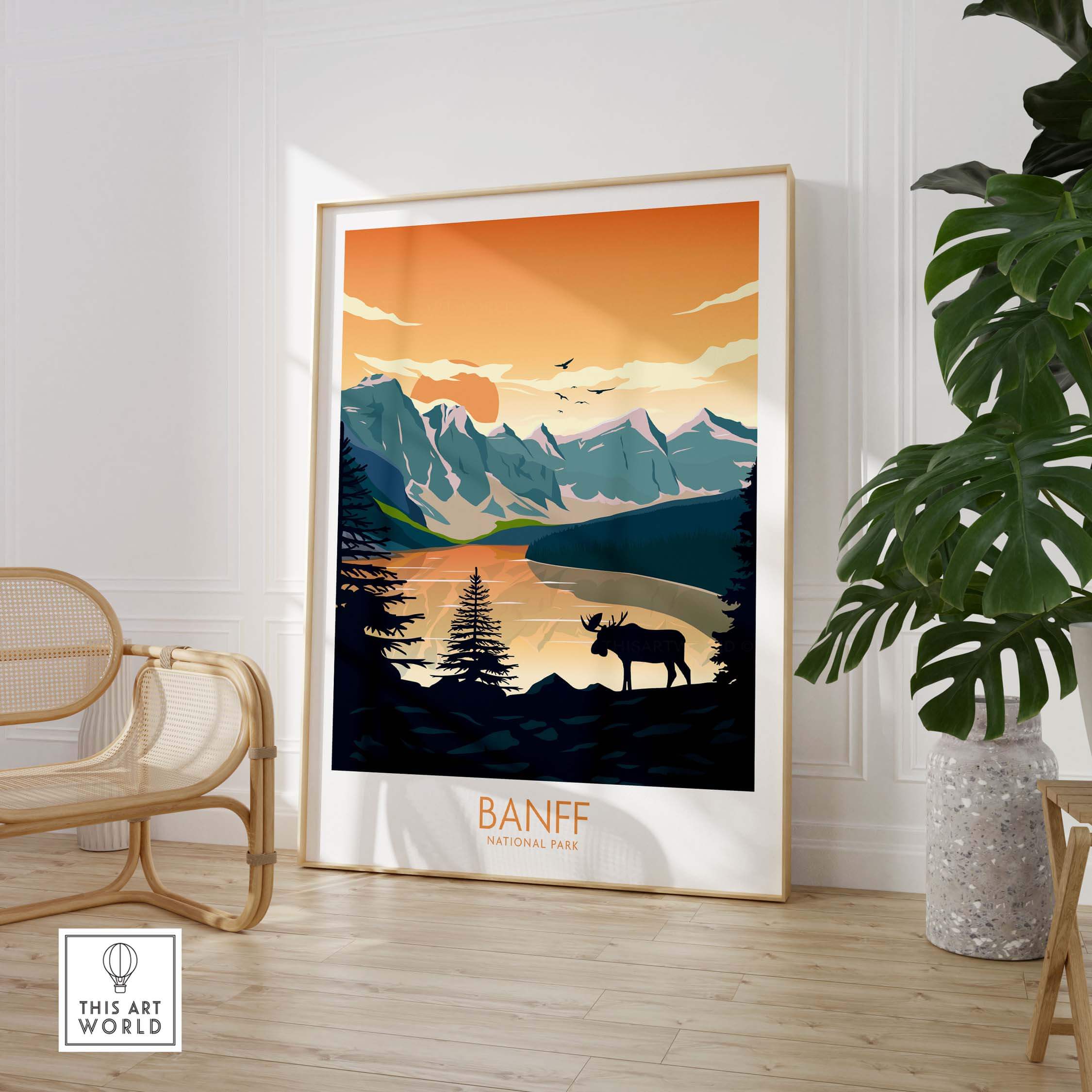 Banff National Park art print featuring mountains and moose, perfect wall decor for nature lovers.