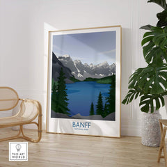 Banff National Park art print in a stylish frame featuring mountains and a lake in a minimalist design.