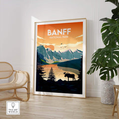 Banff National Park poster featuring mountains, trees, and a moose, styled in minimalist design for home decor.