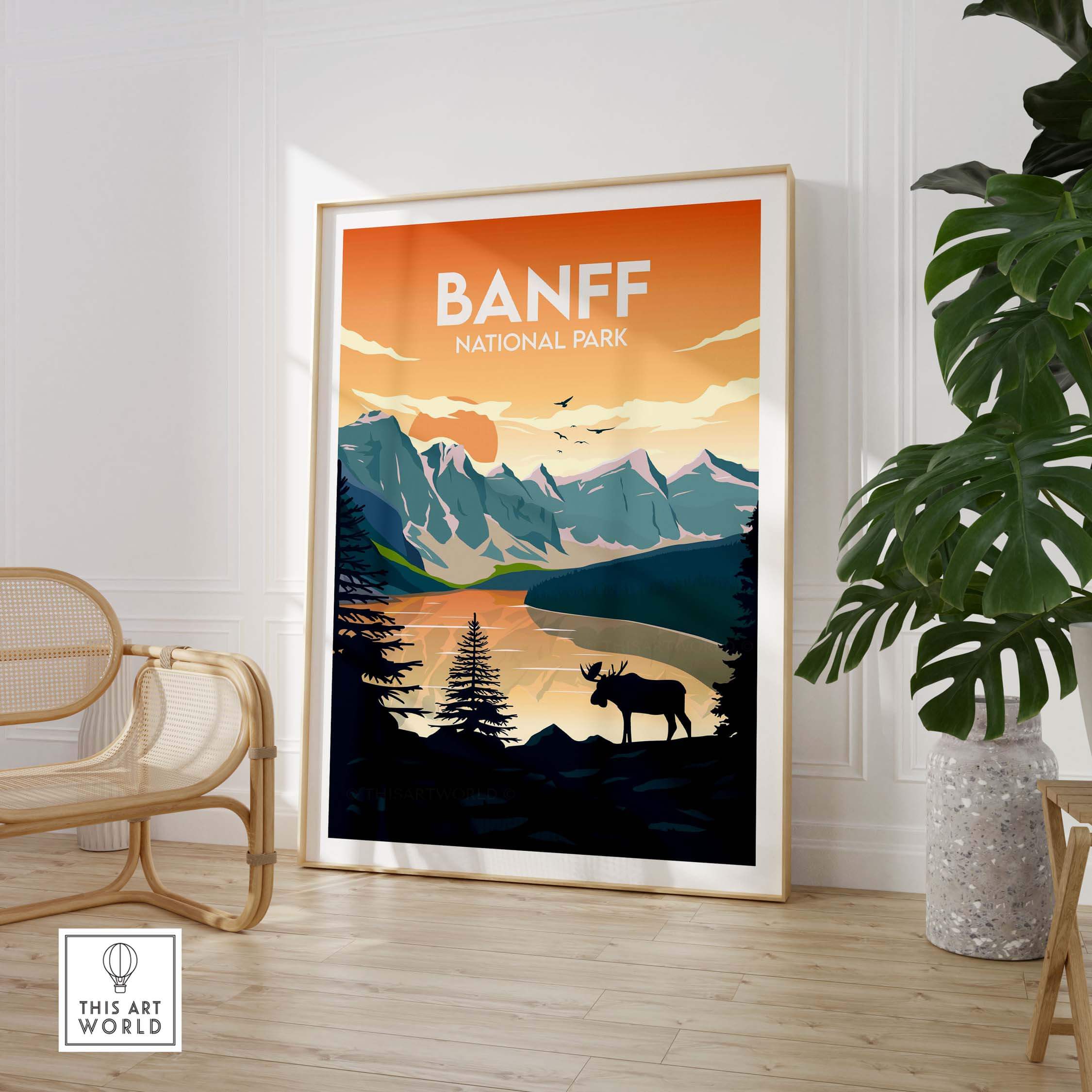 Banff National Park poster featuring mountains, trees, and a moose, styled in minimalist design for home decor.
