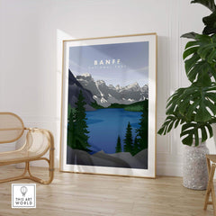 Framed Banff National Park art print featuring mountains and lake, perfect minimalist wall decor for travel enthusiasts.