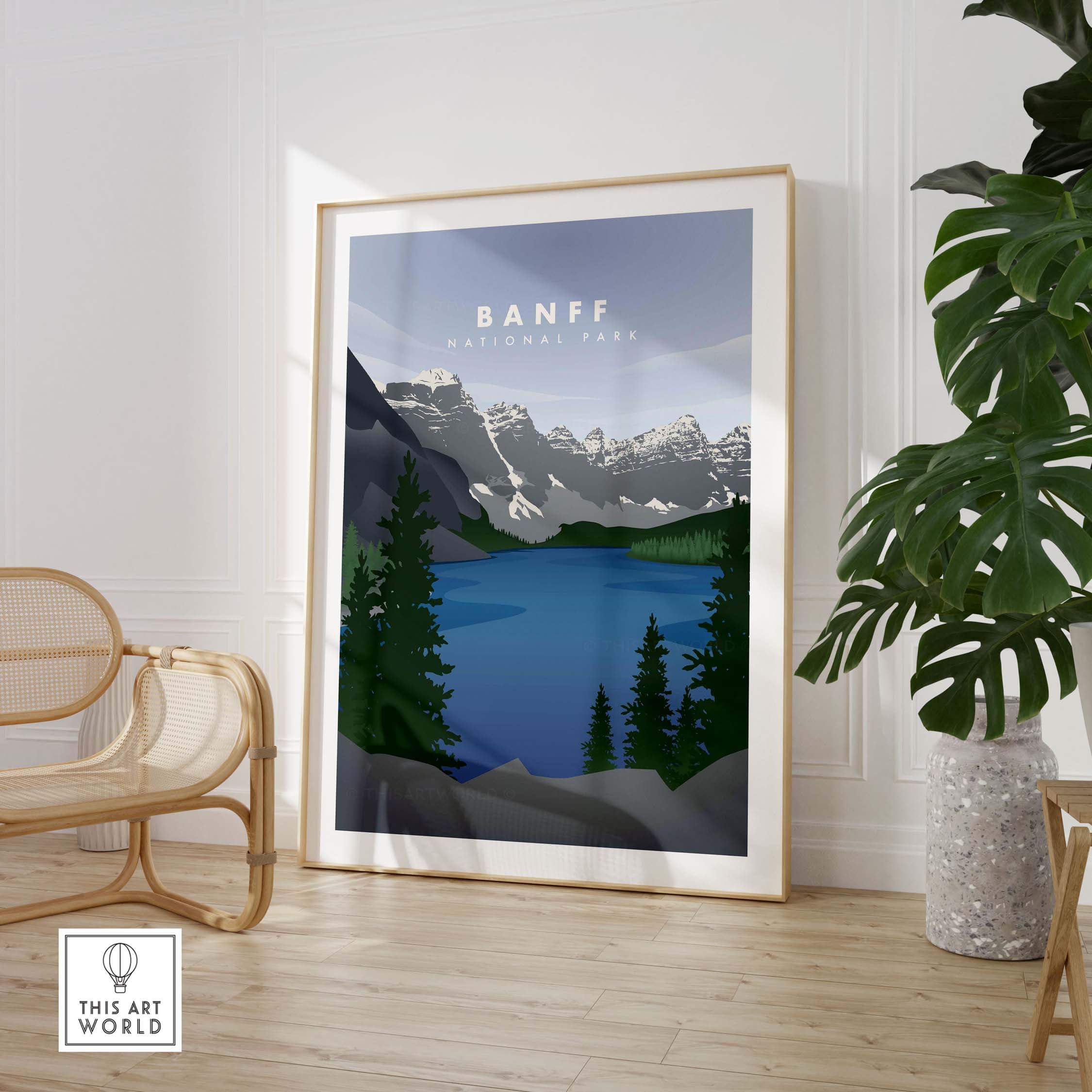 Framed Banff National Park art print featuring mountains and lake, perfect minimalist wall decor for travel enthusiasts.