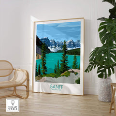 Banff Poster Print Wall Art featuring scenic mountain landscape and turquoise lake, perfect for home decor.