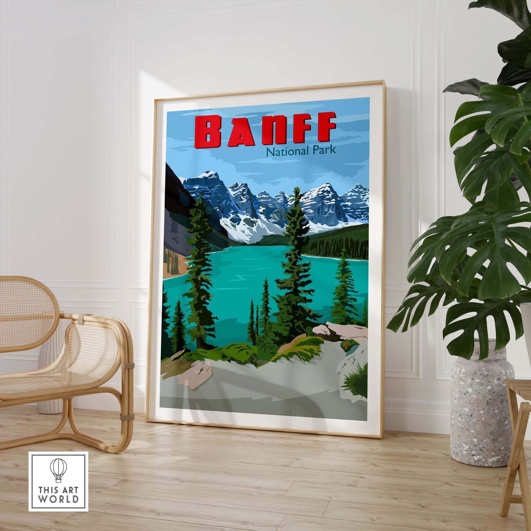Banff National Park poster art print featuring turquoise water and mountains, framed in a stylish indoor setting.