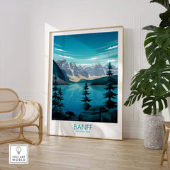 Banff National Park print featuring mountains and trees in a minimalist style, perfect for home or office decor.