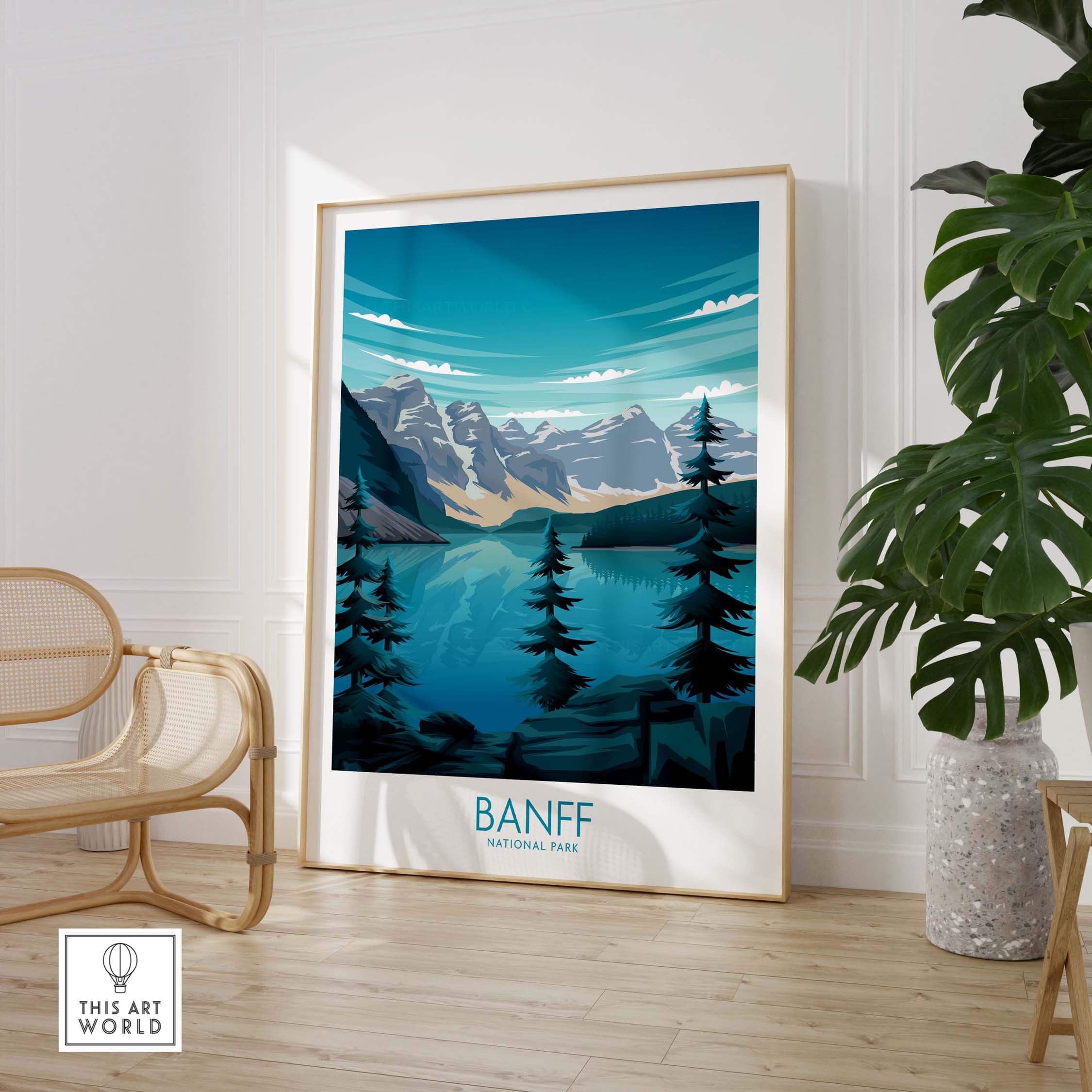 Banff National Park print featuring mountains and trees in a minimalist style, perfect for home or office decor.