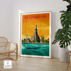 Bangkok vintage print poster wall art featuring a scenic view of temples and a boat on water.