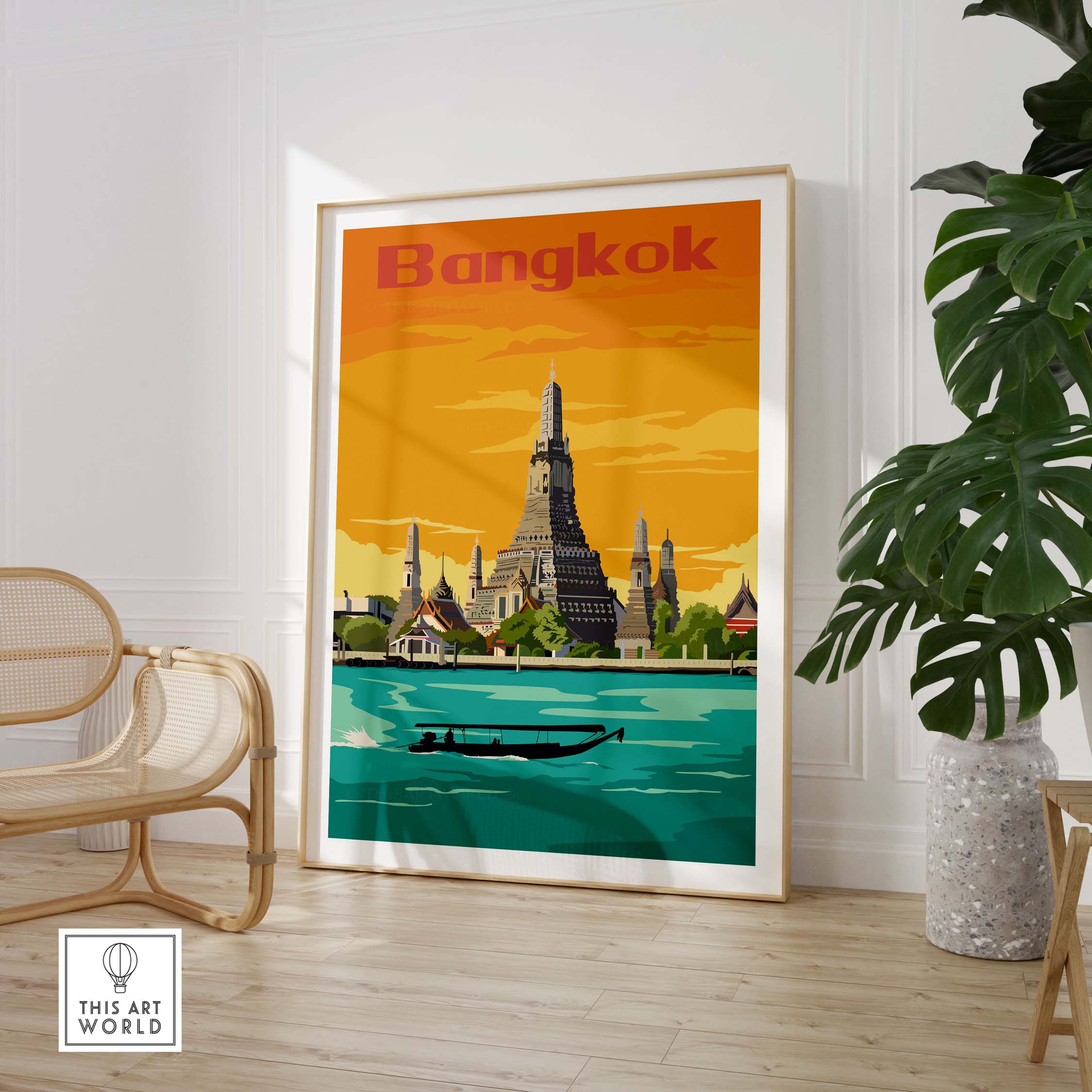 Bangkok vintage print poster wall art featuring a scenic view of temples and a boat on water.