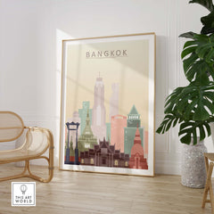 Bangkok skyline poster print featuring iconic architecture in warm pastel tones, perfect for home decor.