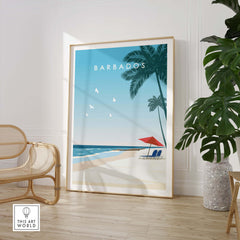 Barbados travel poster featuring a beach scene with palm trees and a red umbrella, stylish wall art by This Art World.