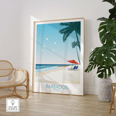 Barbados travel poster print featuring a beach scene with palm trees and a red umbrella.