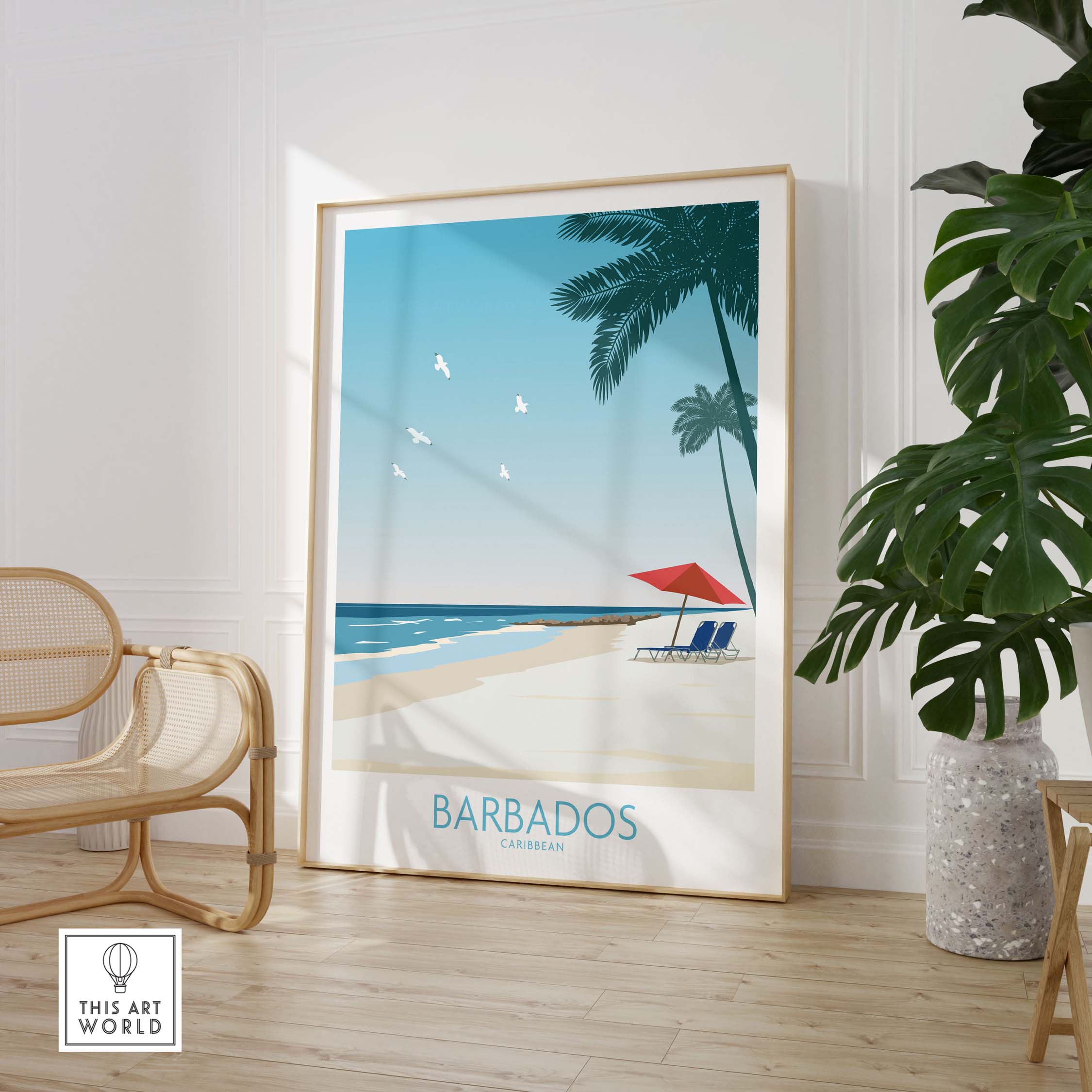 Barbados travel poster print featuring a beach scene with palm trees and a red umbrella.