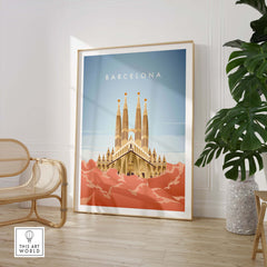 Barcelona wall art poster print featuring Sagrada Familia in a stylish interior setting with plants.