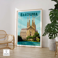 Barcelona vintage print poster featuring the iconic Sagrada Família architecture in a stylish interior setting.