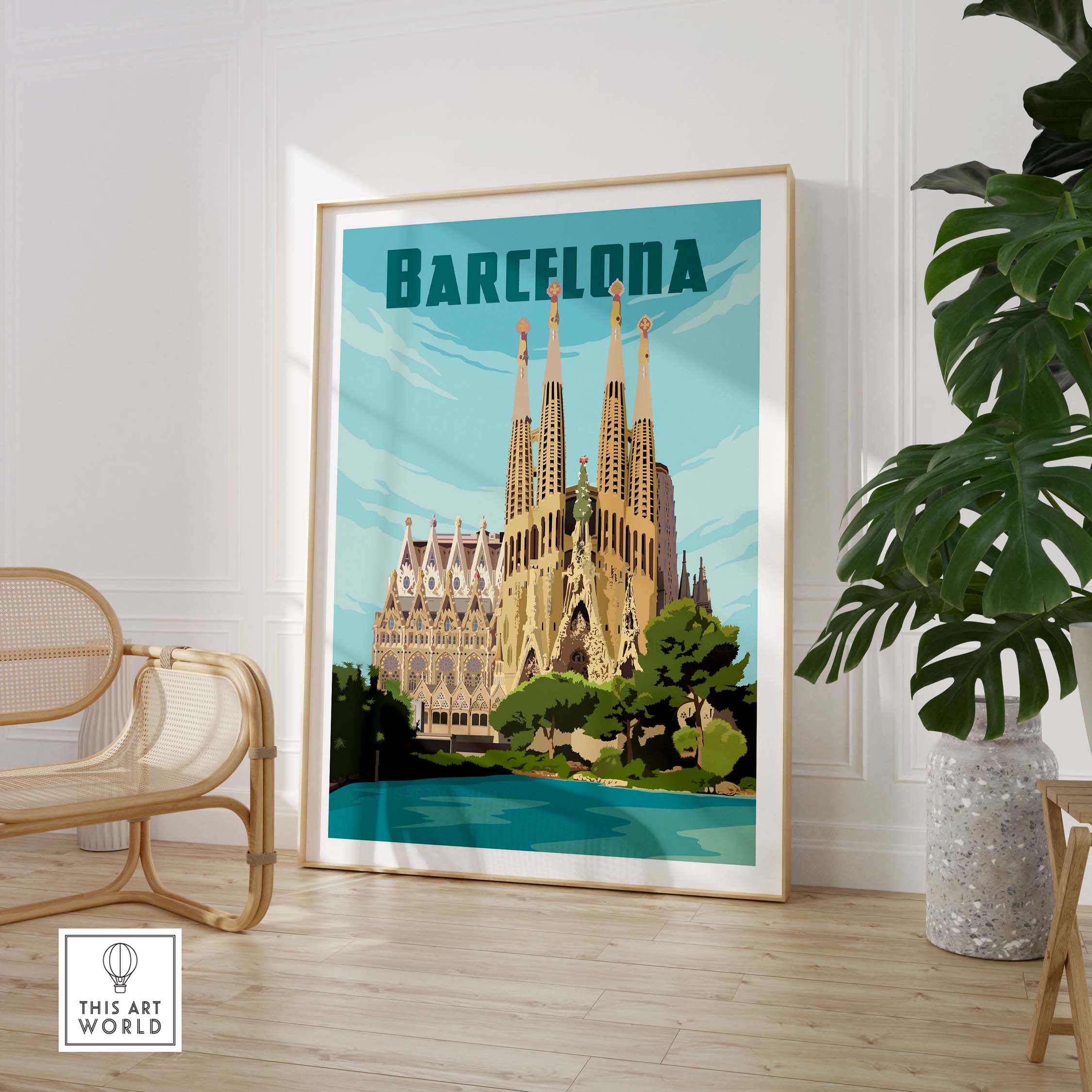 Barcelona vintage print poster featuring the iconic Sagrada Família architecture in a stylish interior setting.