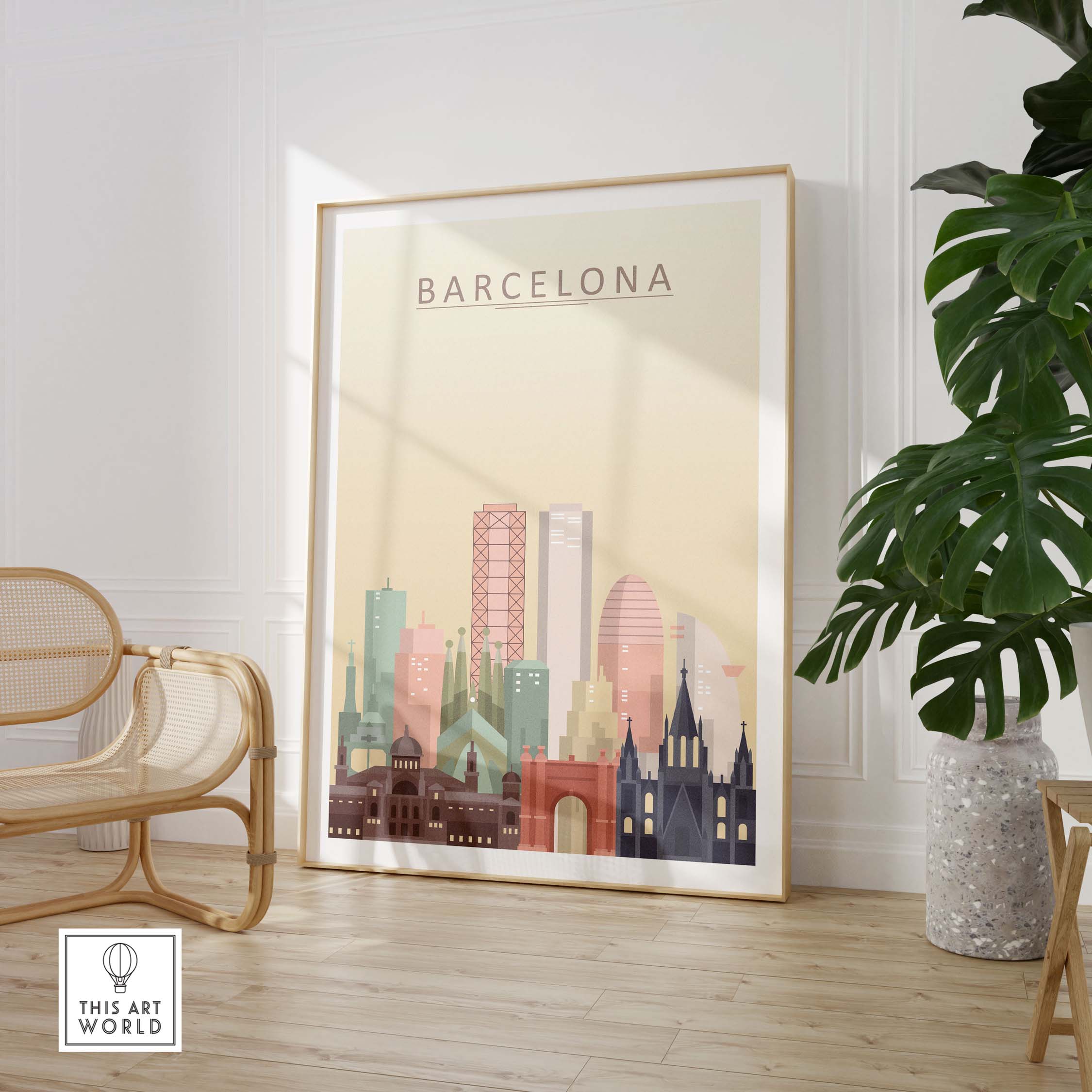 Barcelona skyline print wall art featuring iconic architecture in warm pastel tones, ideal for home decor.