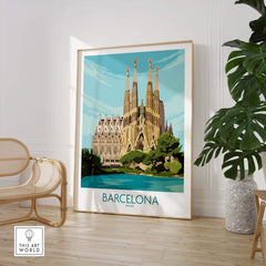 Barcelona poster featuring Sagrada Familia, vintage travel art print in stylish home decor.