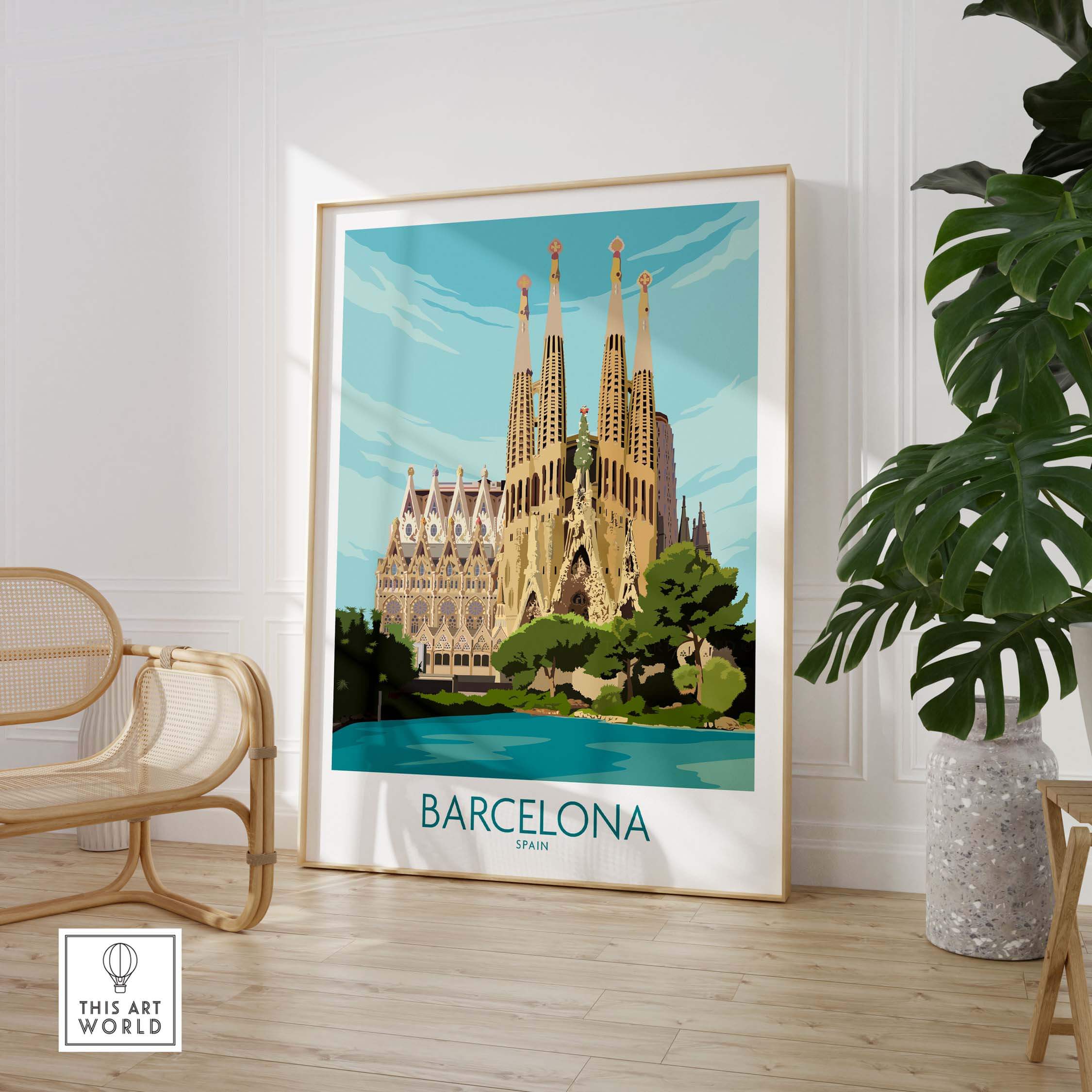 Barcelona poster featuring Sagrada Familia, vintage travel art print in stylish home decor.