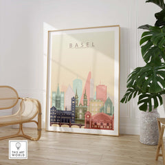 Basel City Skyline Wall Art Print featuring iconic Swiss architecture in warm pastel tones.