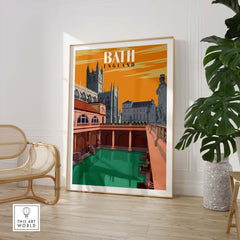 Bath England vintage travel poster framed artwork in modern interior setting.