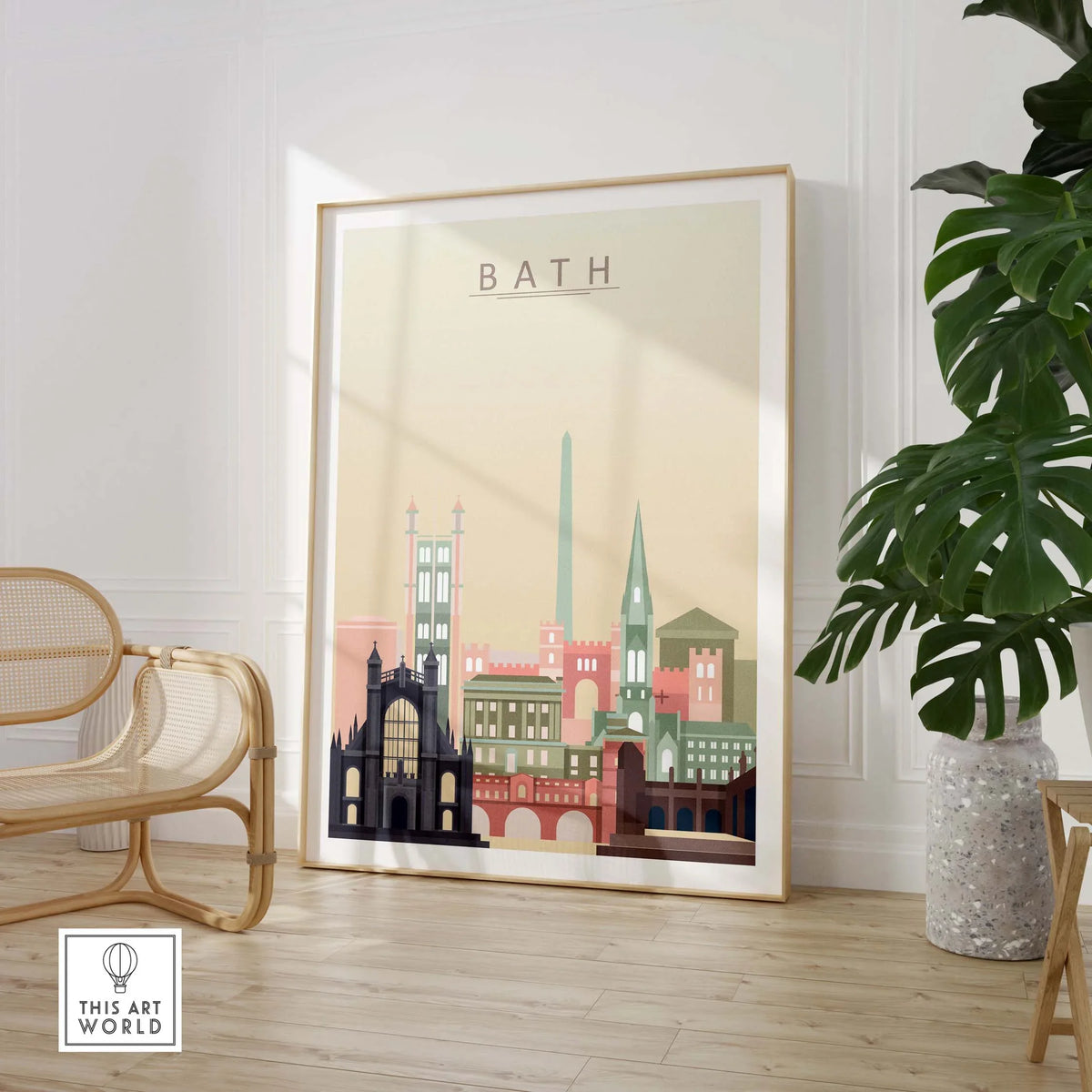 Bath England skyline poster in pastel colors, framed artwork showcasing iconic architecture, placed in a stylish interior.