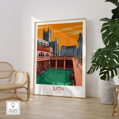 Bath poster featuring vintage-inspired artwork of Bath, England, displayed in a stylish interior setting.