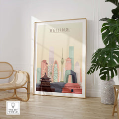 Beijing skyline wall art print featuring iconic buildings, warm pastel tones, framed in a stylish interior setting.