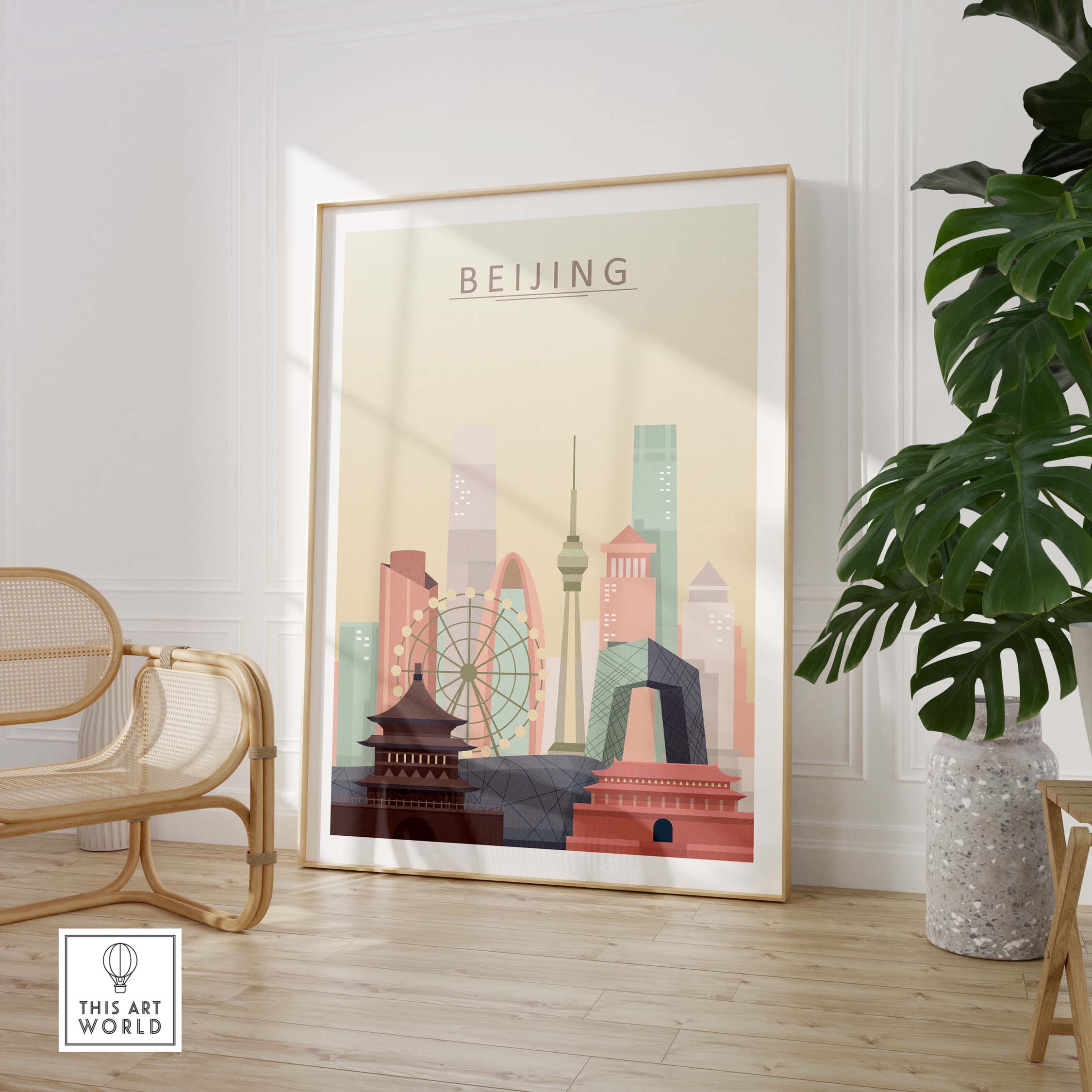 Beijing skyline wall art print featuring iconic buildings, warm pastel tones, framed in a stylish interior setting.